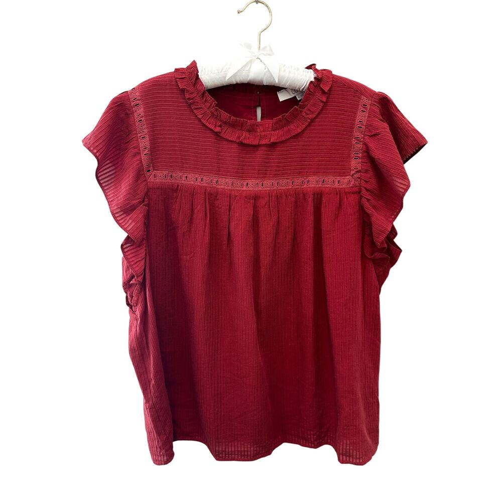 LOFT Burgundy Red Ruffle Flutter Sleeve Blouse Romantic Cottagecore Top NWT | XL